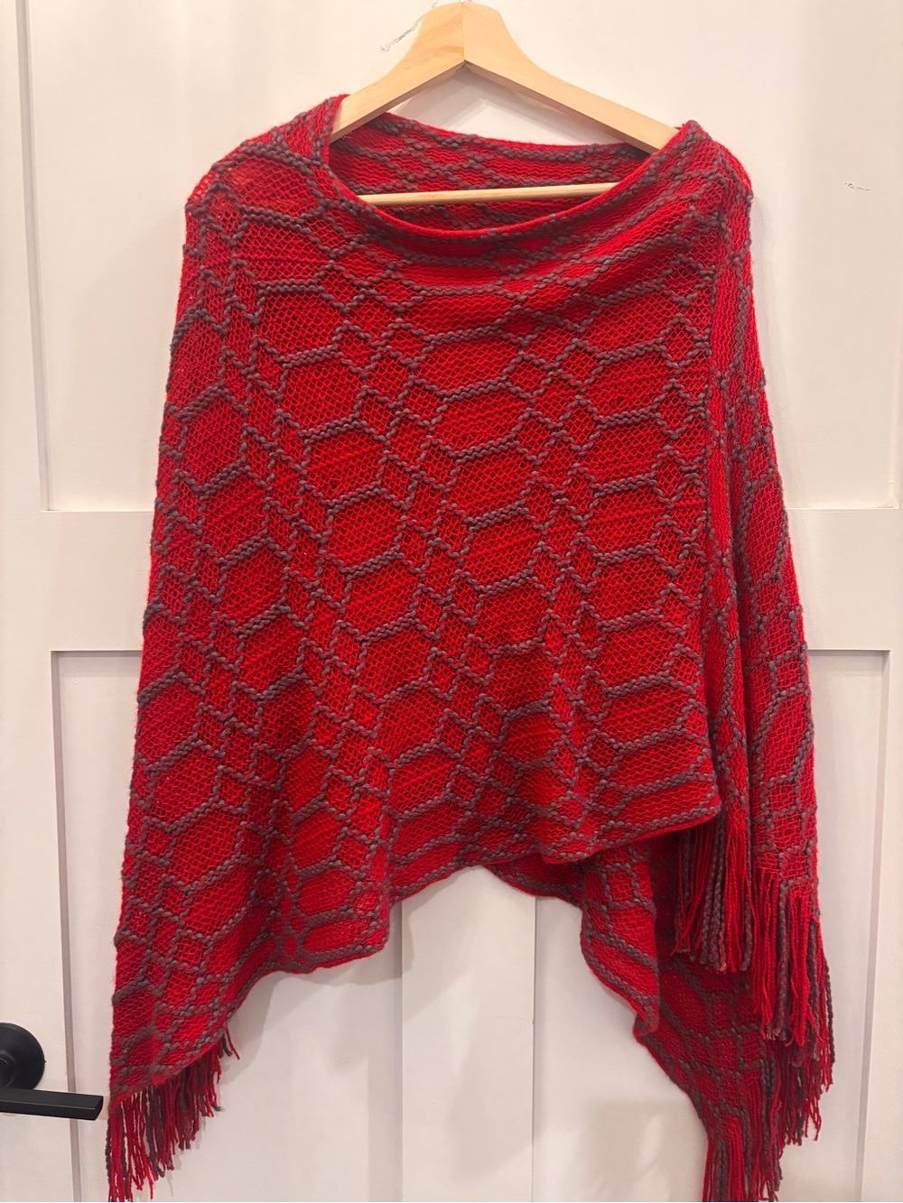 Red Knit Fringe Poncho Sweater - Women